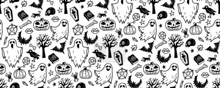 Téléchargez les illustrations : Modèle sans couture monochrome de mignon Halloween dessiné à la main doodle. Illustration vectorielle Fond noir et blanc avec fantôme, arbre, chauve-souris, livre de sorts, cercueil, corbeau, citrouille, os, araignée - en licence libre de droit