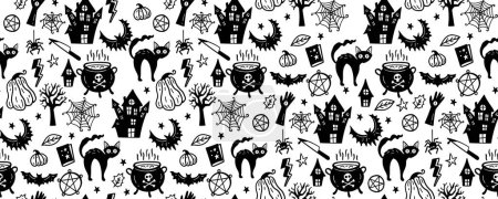 Illustration for Monochrome seamless pattern of cute Halloween hand drawn doodle. Black and white background with Pumpkin, broom, owl, skull, house, castle, raven, pentagram, witch, cat, leaves, spider, ghost, cat, - Royalty Free Image