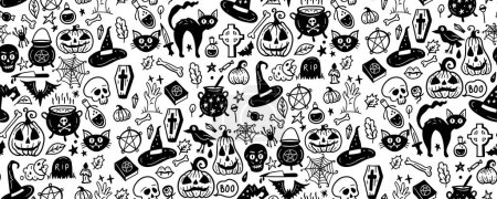 Illustration for Monochrome seamless pattern of cute Halloween hand drawn doodle. Black and white background with Pumpkin, broom, owl, skull, house, castle, raven, pentagram, witch, cat, leaves, spider, ghost, cat, - Royalty Free Image