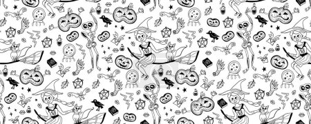 Téléchargez les illustrations : Modèle sans couture monochrome de mignon Halloween dessiné à la main doodle. Fond noir et blanc avec citrouille, balai, hibou, crâne, maison, château, corbeau, pentagramme, sorcière, chat, feuilles, araignée, fantôme, chat, - en licence libre de droit