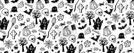 Illustration for Monochrome seamless pattern of cute Halloween hand drawn doodle. Black and white background with Pumpkin, broom, owl, skull, house, castle, raven, pentagram, witch, cat, leaves, spider - Royalty Free Image