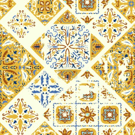 Illustration for Seamless colorful patchwork. Abstract background. Azulejos tiles patchwork. Traditional ornate Portuguese and Spanish decorative tiles azulejos. Ceramic tiles. Vector Hand drawn background. - Royalty Free Image