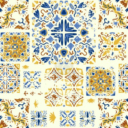 Illustration for Seamless colorful patchwork. Abstract background. Azulejos tiles patchwork. Traditional ornate Portuguese and Spanish decorative tiles azulejos. Ceramic tiles. Vector Hand drawn background. - Royalty Free Image