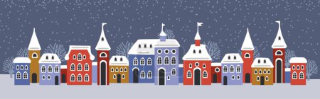 Illustration for Cute Christmas and winter houses. Snowy night in cozy christmas town city panorama. Winter village night landscape Christmas outdoor decorations. - Royalty Free Image