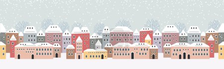 Illustration for Cute Christmas and winter houses. Snowy night in cozy Christmas town city panorama. Winter village night landscape Christmas outdoor decorations. - Royalty Free Image