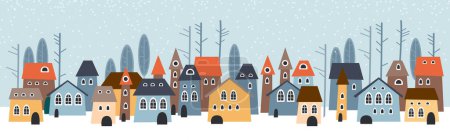 Illustration for Cute Christmas and winter houses. Snowy night in cozy Christmas town city panorama. Winter village night landscape Christmas outdoor decorations. - Royalty Free Image