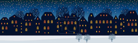 Téléchargez les illustrations : Jolies maisons de ville de Noël et d'hiver de nuit. Fenêtres enneigées des lumières panorama de la ville. - en licence libre de droit