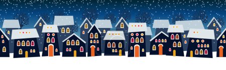 Illustration for Cute Christmas and winter Night city houses. Snowy Windows of the lights town panorama. - Royalty Free Image