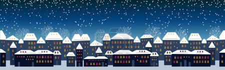 Illustration for Cute Christmas and winter Night city houses. Snowy Windows of the lights town panorama. - Royalty Free Image