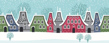 Illustration for Seamless pattern winter landscape, Celebrating Christmas and New Year. Panorama. Seamless border with winter cityscape. Snowy night in a cozy city. Winter Christmas Village NIGHT landscape. - Royalty Free Image