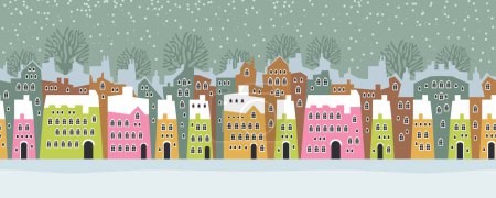 Illustration for Seamless pattern winter landscape, Celebrating Christmas and New Year. Panorama. Seamless border with winter cityscape. Snowy night in a cozy city. Winter Christmas Village NIGHT landscape. - Royalty Free Image