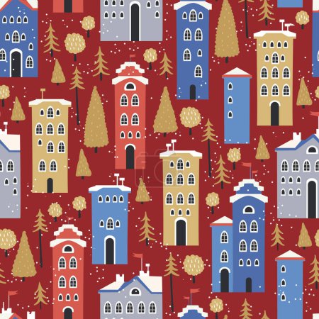 Illustration for Christmas seamless pattern with winter houses, trees and other elements. Can be used for fabric, wrapping paper, scrapbooking, textile, poster, banner and other Christmas design. - Royalty Free Image