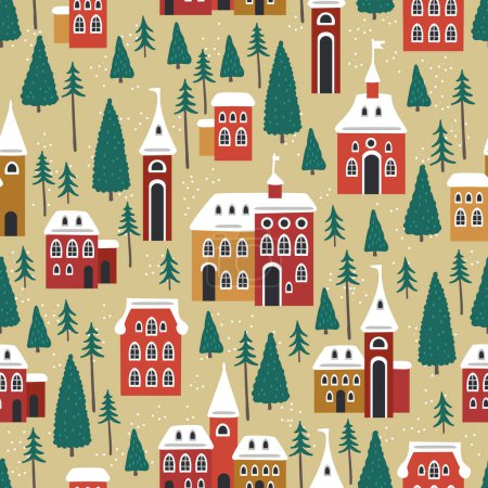 Illustration for Christmas seamless pattern with winter houses, trees and other elements. Can be used for fabric, wrapping paper, scrapbooking, textile, poster, banner and other Christmas design. - Royalty Free Image