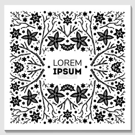 Illustration for Luxury Christmas frame, abstract sketch winter floral design templates for xmas products. Geometric monochrome square, holly silver backgrounds with fir tree. Use for package, branding, decoration, - Royalty Free Image