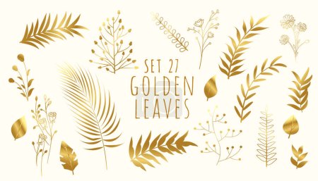 Illustration for Collection of golden tropical leaves invitation card template - Royalty Free Image