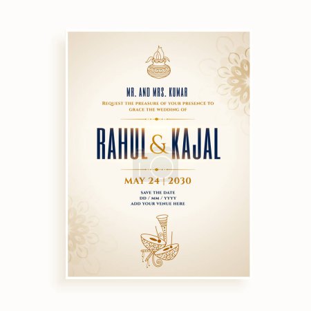 Illustration for Bridal and groom love story wedding announcement card in indian style vector - Royalty Free Image