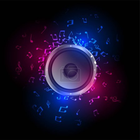 Illustration for Colorful musical notes with sound speaker for disco or dj theme vector - Royalty Free Image