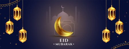 eid mubarak holiday banner with golden moon and lantern vector 
