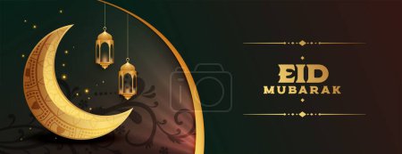 eid mubarak islamische Feiertagsfahne mit realistischem Mond und Lampenvektor 