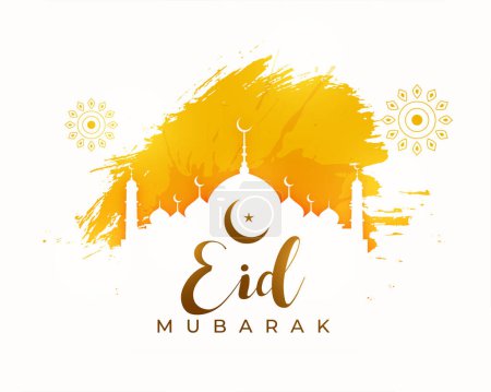 Illustration for Beautiful eid mubarak greeting card with mosque silhouette in grungy style vector - Royalty Free Image