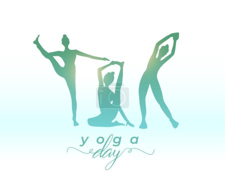 Ilustración de Feliz día internacional de yoga fondo con las mujeres silueta vector - Imagen libre de derechos