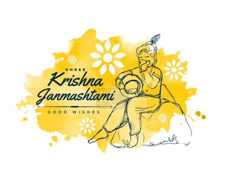 Illustration for Hand drawn krishna janmashtami festival watercolor greeting vector - Royalty Free Image