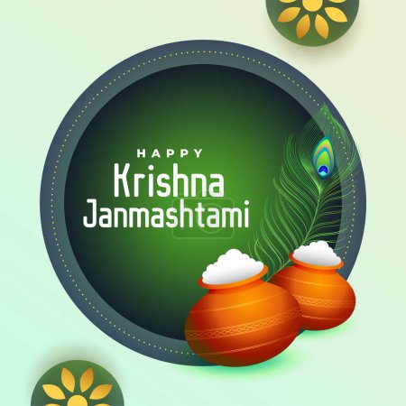 Illustration for Happy janmashtami krishna festival with matki and peacock feather design vector - Royalty Free Image