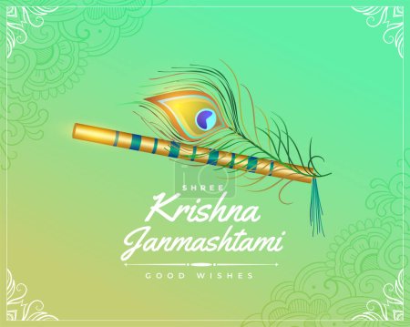 Illustration for Krishna janmastami greeting wishes card with flute and peacock feather vector - Royalty Free Image