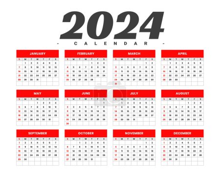 Illustration for White and red 2024 wall calendar template schedule events vector - Royalty Free Image