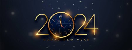 feliz año nuevo 2024 banner de saludo con el vector de diseño de reloj de oro