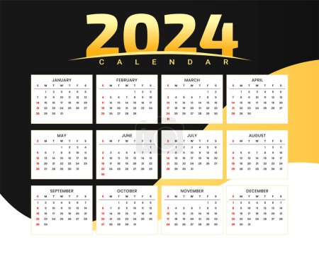 Téléchargez les illustrations : Élégant noir et doré 2024 nouveau vecteur de conception de modèle de calendrier année - en licence libre de droit