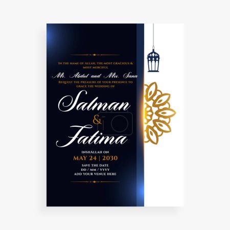 Illustration for Islamic nikah ceremony event card template for ride and groom vector - Royalty Free Image