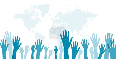 Illustration for Global volunteer solidarity hands up banner with earth map vector - Royalty Free Image
