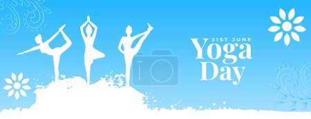 21 junio Día mundial del yoga grungy banner mujer en diferentes vector asana