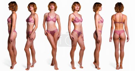 Foto de Collage snap slender blonde models. Full length beautiful slim woman in pink underwear, with no retouching on gray background - Imagen libre de derechos