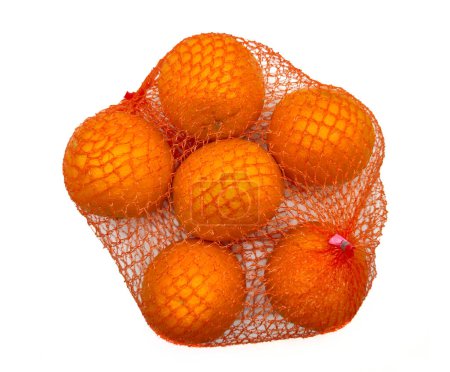 Photo for Set of Orange Fruits in String Bag on White Background. Food Photo. - Royalty Free Image