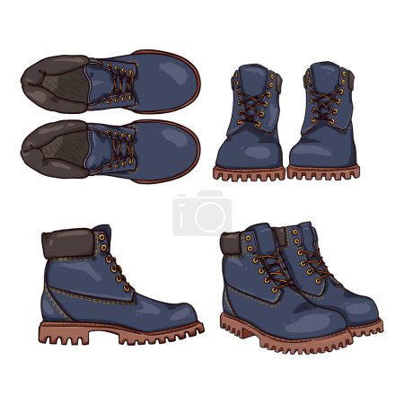 Ilustración de Botas de trabajo azules. Vector conjunto de ilustraciones de zapatos de dibujos animados - Imagen libre de derechos