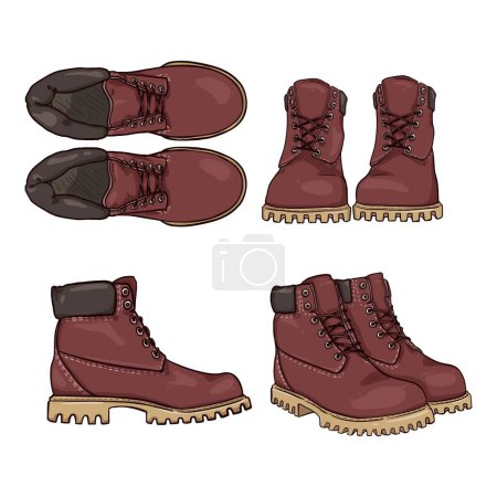 Illustration for Red Work Boots. Vector Set of Cartoon Shoes Illustrations - Royalty Free Image