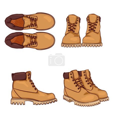 Illustration for Yellow Work Boots. Vector Set of Cartoon Shoes Illustrations - Royalty Free Image