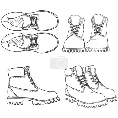 Téléchargez les illustrations : Work Boots. Vector Set of Sketch Shoes Illustration - en licence libre de droit