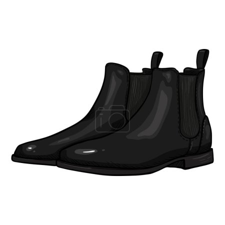 Téléchargez les illustrations : Chaussures en cuir noir vectoriel. Dessin animé Bottes Chelsea classiques - en licence libre de droit