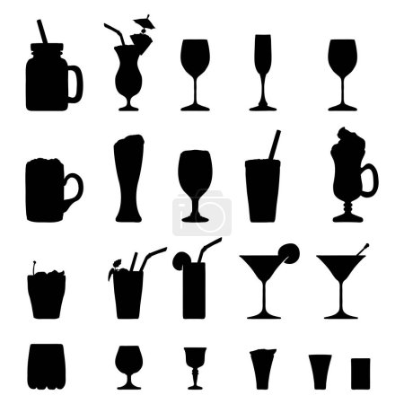Illustration for Vector Black Silhouette Set of Alcohol and Soft Drinks, Liquors, Cocktails. - Royalty Free Image