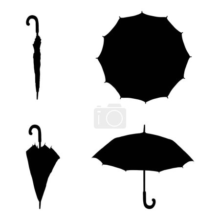 Ilustración de Conjunto vectorial de paraguas de silueta negra. Diferente vista y variación - Imagen libre de derechos