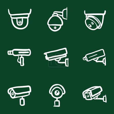 Téléchargez les illustrations : Chalk Doodle CCTV Icônes. Caméras de sécurité dessinées à la main. Équipement de vidéosurveillance. - en licence libre de droit