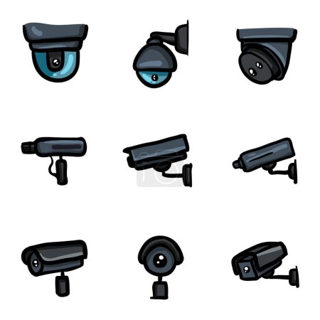 Téléchargez les illustrations : Icônes de vidéosurveillance couleur. Caméras de sécurité dessinées à la main. Équipement de vidéosurveillance. - en licence libre de droit