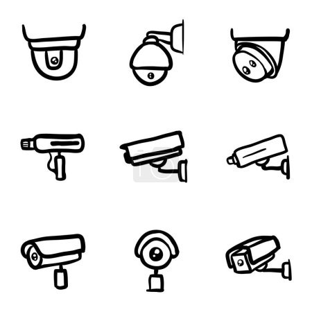 Ilustración de Black Doodle CCTV Iconos. Cámaras de seguridad dibujadas a mano. Equipo de videovigilancia. - Imagen libre de derechos