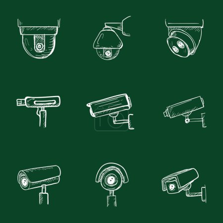 Ilustración de Conjunto de iconos de tiza de CCTV. Cámaras de Seguridad Sketch. Equipo de videovigilancia. - Imagen libre de derechos