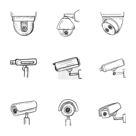 Ilustración de Conjunto de iconos de bocetos de CCTV. Cámaras de seguridad dibujadas a mano. Equipo de videovigilancia. - Imagen libre de derechos