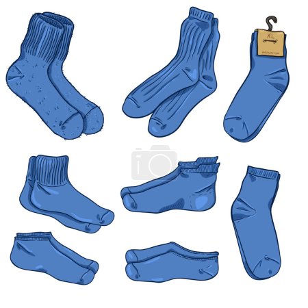 Téléchargez les illustrations : Ensemble vectoriel de chaussettes de style différent. Couleur bleue - en licence libre de droit