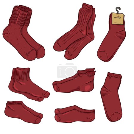 Téléchargez les illustrations : Ensemble vectoriel de chaussettes rouges de style différent. - en licence libre de droit